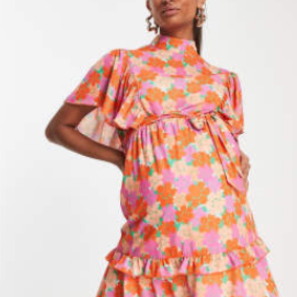 ASOS Maternity Floral Mini Dress - Pink and Orange